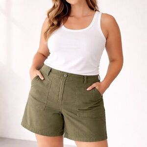 EILEEN FISHER Organic Cotton Utility Shorts — Size 16, Olive Green